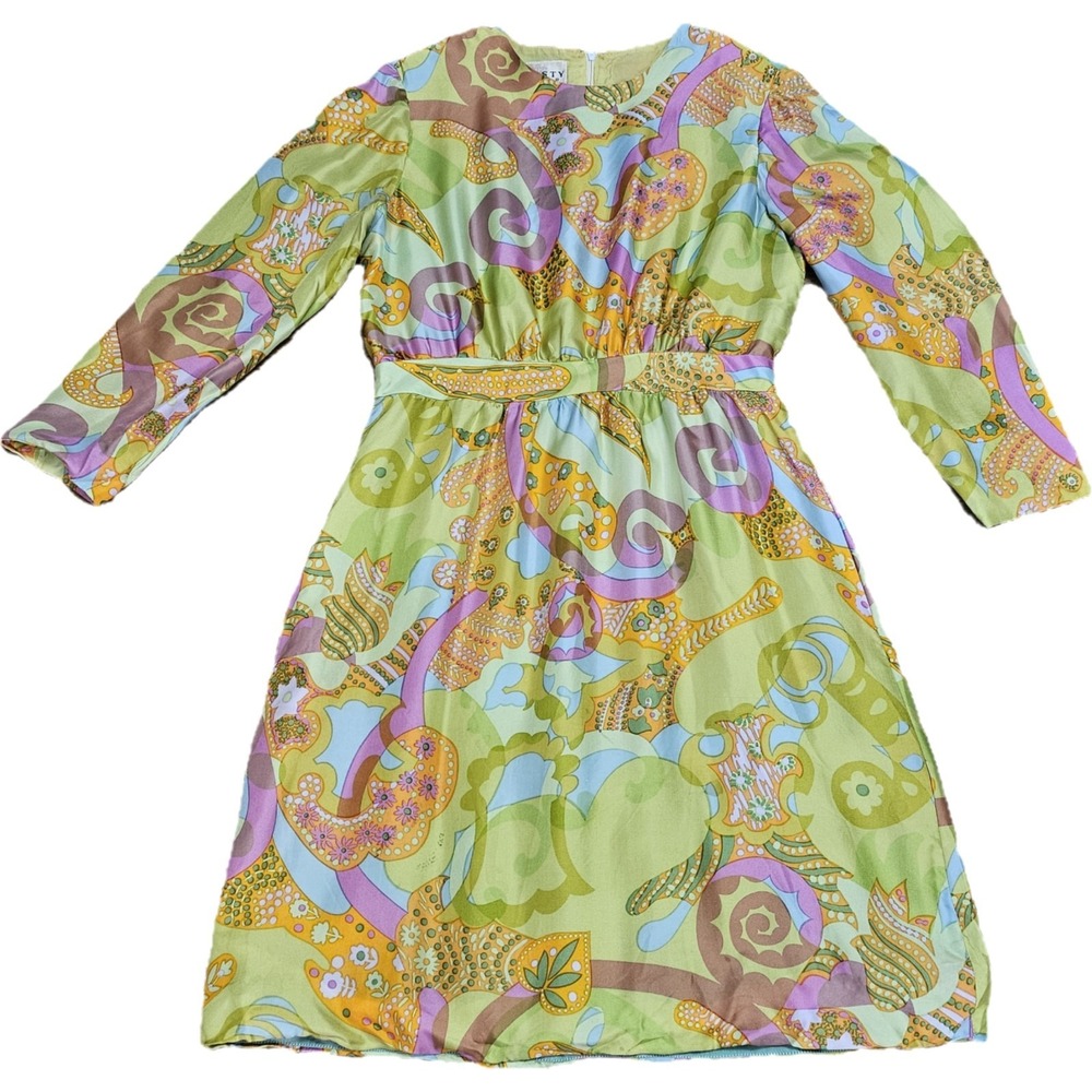 Vintage 1960s Silk Psychedelic Vibrant A-line Dressโ Size L Groovy Hippie